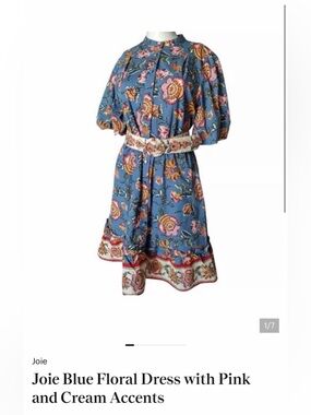 Joie Blue Floral Midi Dress with Pink & Cream Floral Trim